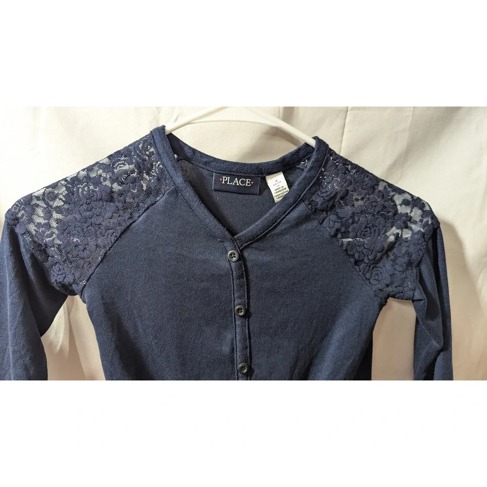 Girls (4), Children's Place Blue Long Sleeve Blouse With Lace Sleeve Accents New